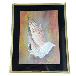 Praying Hands Vintage Foil Art Print 8x10 Glass Panel Metal Frame Jesus Christ